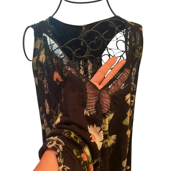 Free People Top S/P Black Floral Love Potion Linen Blend Lace Boho Fairy - Picture 4 of 9